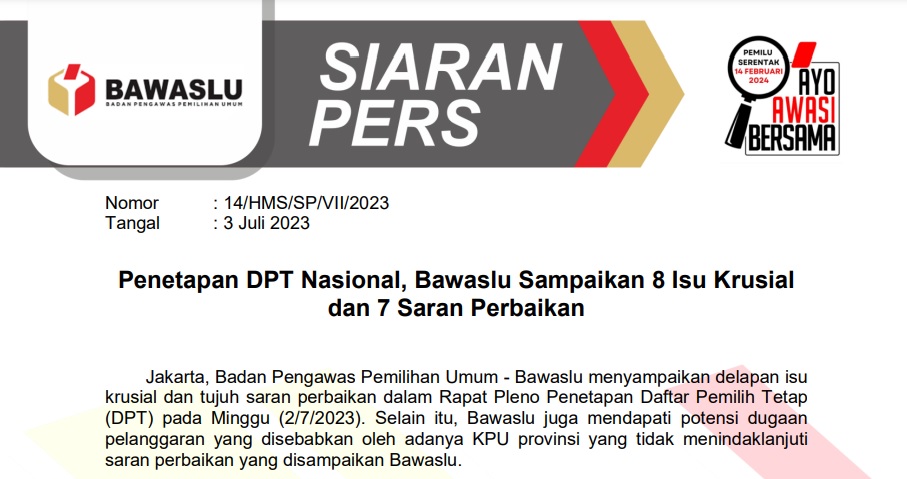 Siaran Pers :  Penetapan DPT Nasional, Bawaslu Sampaikan 8 Isu Krusial dan 7 Saran Perbaikan